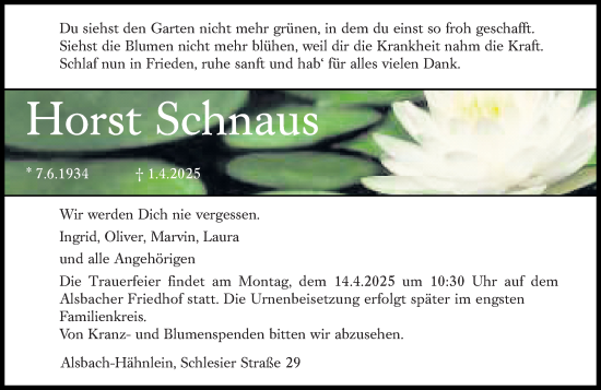 Traueranzeige von Horst Schnaus von Darmstädter Echo