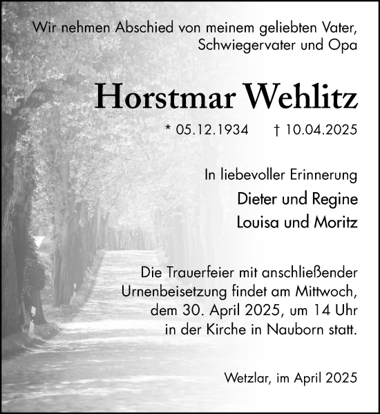 Traueranzeige von Horstmar Wehlitz von Wetzlarer Neue Zeitung