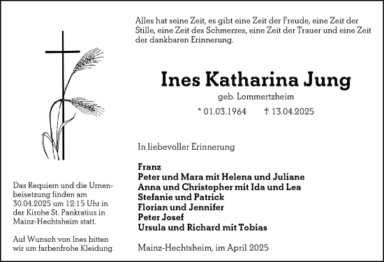 Traueranzeige von Ines Katharina Jung von Allgemeine Zeitung Mainz