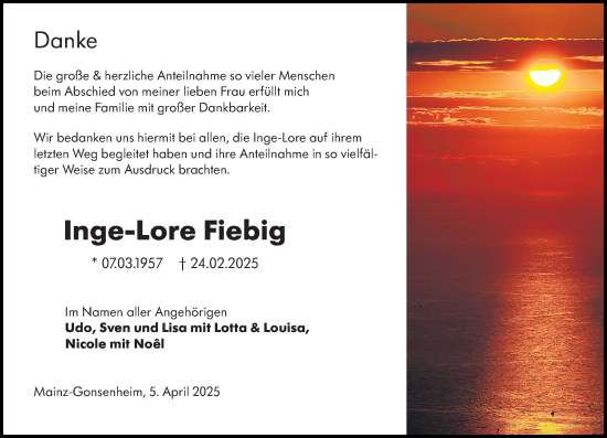 Traueranzeige von Inge-Lore Fiebig von Allgemeine Zeitung Mainz