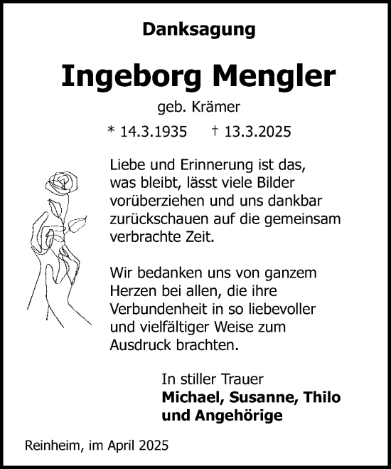 Traueranzeige von Ingeborg Mengler von Darmstädter Echo