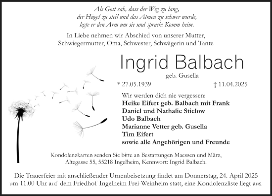 Traueranzeige von Ingrid Balbach von Allgemeine Zeitung Rheinhessen-Nahe