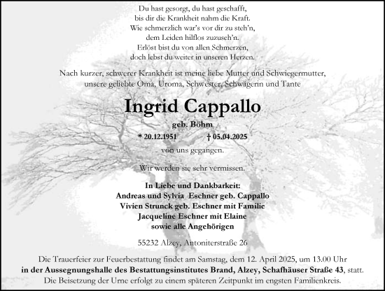 Traueranzeige von Ingrid Cappallo von Allgemeine Zeitung Alzey
