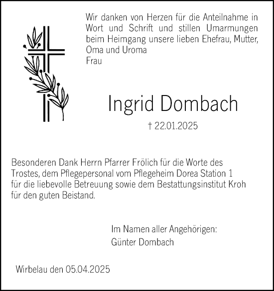 Traueranzeige von Ingrid Dombach von Weilburger Tageblatt
