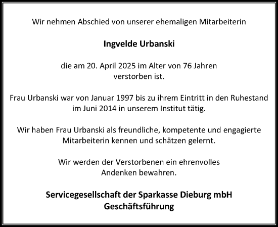 Traueranzeige von Ingvelde Urbanski von Darmstädter Echo
