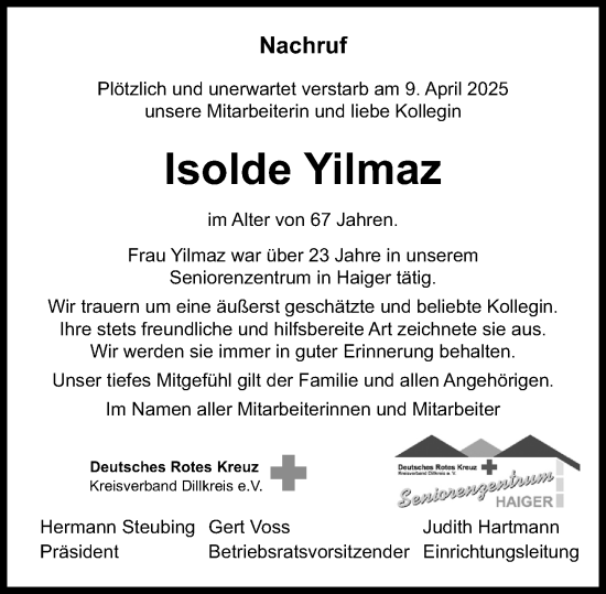 Traueranzeige von Isolde Yilmaz von Dill Block