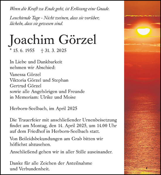 Traueranzeige von Joachim Görzel von Dill Block
