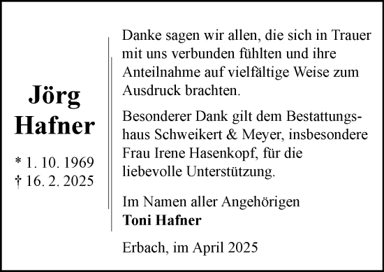 Traueranzeige von Jörg Hafner von Odenwälder Echo