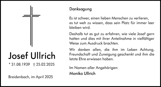 Traueranzeige von Josef Ullrich von Hinterländer Anzeiger
