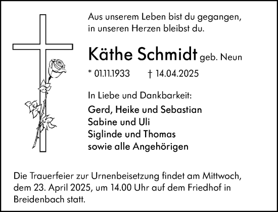 Traueranzeige von Käthe Schmidt von Hinterländer Anzeiger
