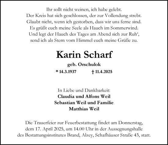 Traueranzeige von Karin Scharf von Allgemeine Zeitung Alzey