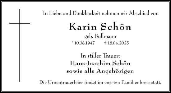 Traueranzeige von Karin Schön von Wiesbadener Kurier