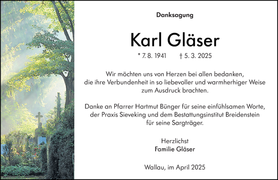Traueranzeige von Karl Gläser von Hinterländer Anzeiger
