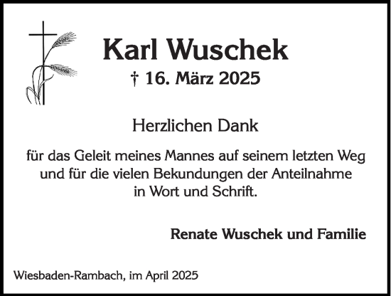 Traueranzeige von Karl Wuschek von Wiesbadener Kurier