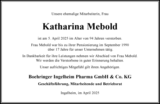 Traueranzeige von Katharina Mebold von Allgemeine Zeitung Rheinhessen-Nahe