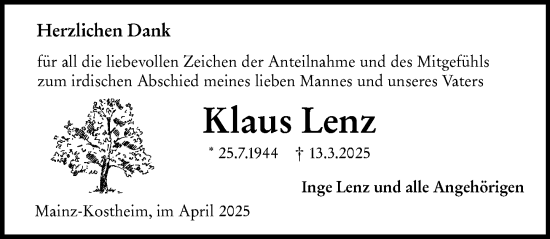 Traueranzeige von Klaus Lenz von Allgemeine Zeitung Mainz