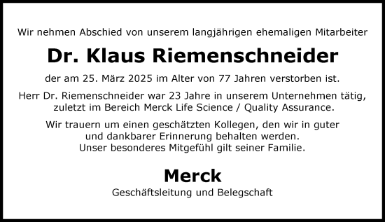 Traueranzeige von Klaus Riemenschneider von Darmstädter Echo
