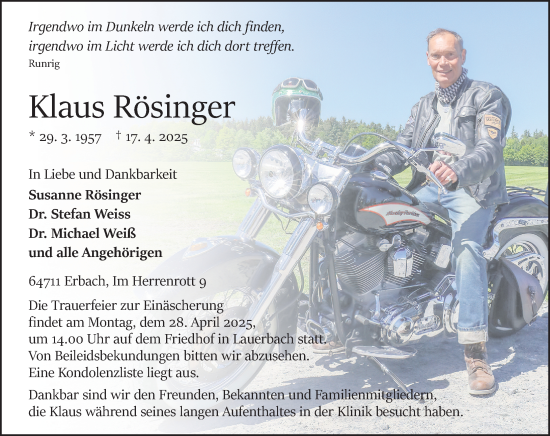 Traueranzeige von Klaus Rösinger von Odenwälder Echo