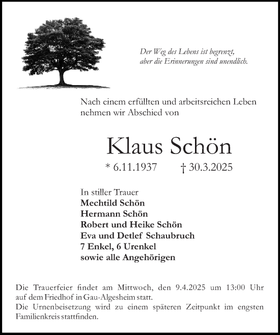 Traueranzeige von Klaus Schön von Allgemeine Zeitung Rheinhessen-Nahe