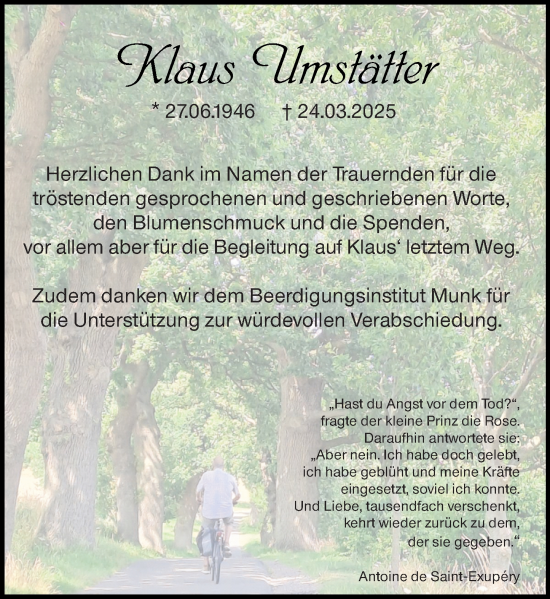 Traueranzeige von Klaus Umstätter von Hochheimer Zeitung