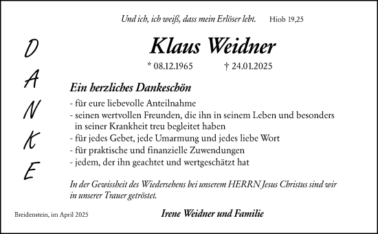 Traueranzeige von Klaus Weidner von Hinterländer Anzeiger