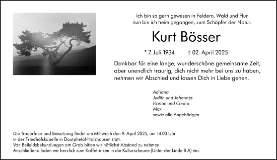 Traueranzeige von Kurt Bösser von Hinterländer Anzeiger