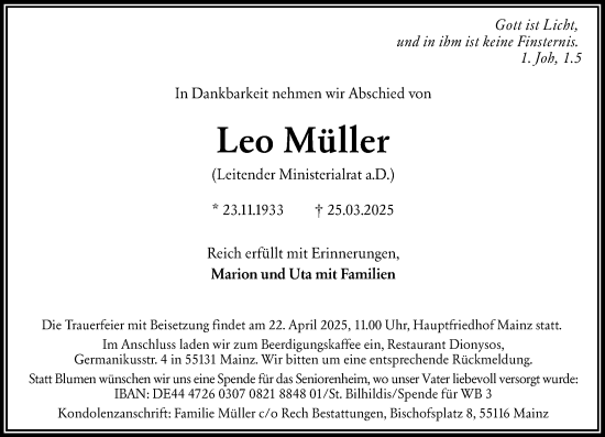 Traueranzeige von Leo Müller von Allgemeine Zeitung Mainz