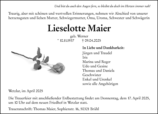 Traueranzeige von Lieselotte Maier von Wetzlarer Neue Zeitung
