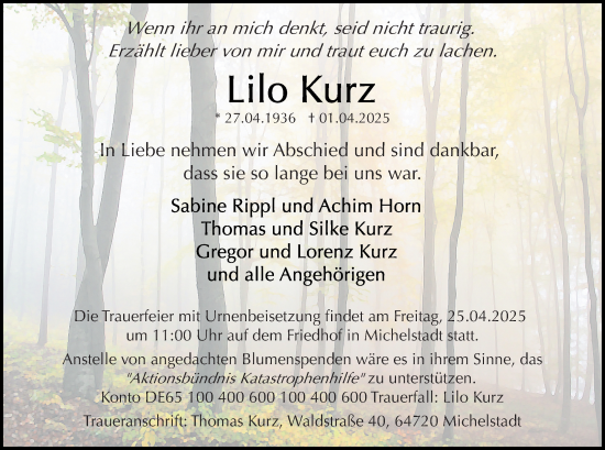 Traueranzeige von Lilo Kurz von Odenwälder Echo