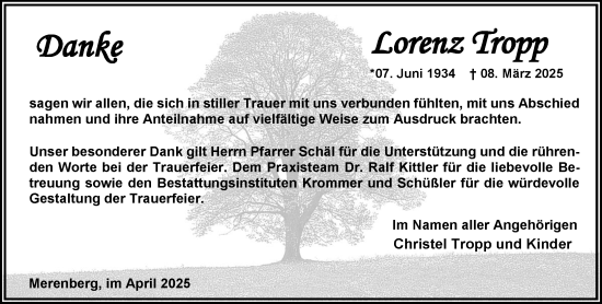 Traueranzeige von Lorenz Tropp von Weilburger Tageblatt