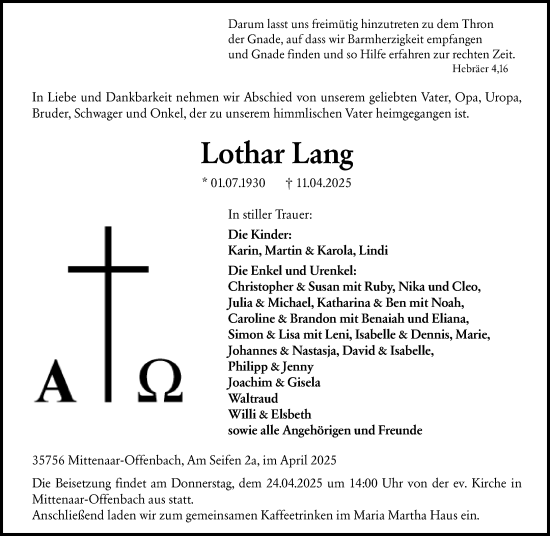 Traueranzeige von Lothar Lang von Dill Block