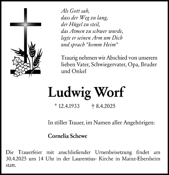 Traueranzeige von Ludwig Worf von Allgemeine Zeitung Mainz