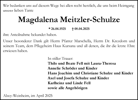 Traueranzeige von Magdalena Schulze von Allgemeine Zeitung Alzey