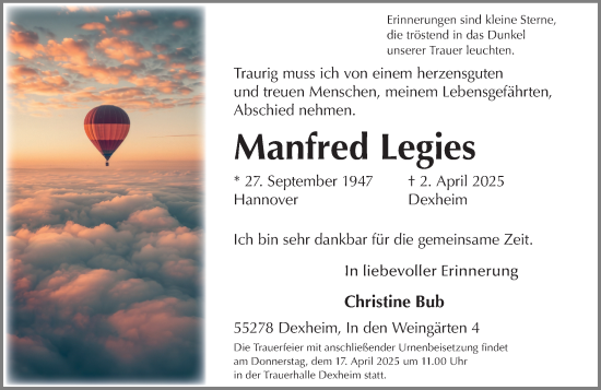 Traueranzeige von Manfred Legies von Allgemeine Zeitung Mainz