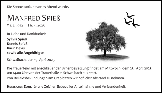 Traueranzeige von Manfred Spieß von Wetzlarer Neue Zeitung