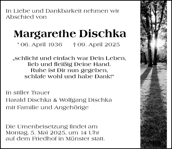 Traueranzeige von Margarethe Dischka von Dieburger Anzeiger/Groß-Zimmerner Lokal-Anzeiger