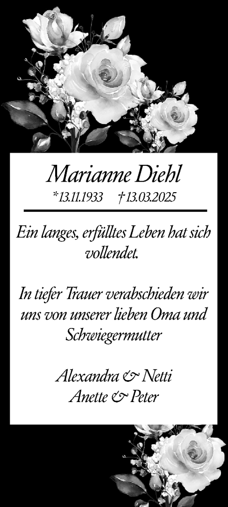 Traueranzeige von Marianne Diehl von Dill Block