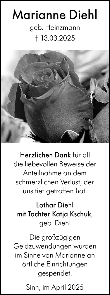 Traueranzeige von Marianne Diehl von Dill Block