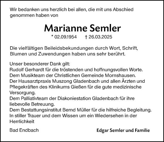 Traueranzeige von Marianne Semler von Hinterländer Anzeiger
