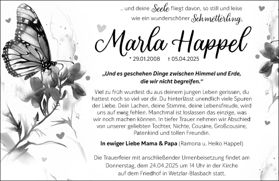 Traueranzeige von Marla Happel von Wetzlarer Neue Zeitung
