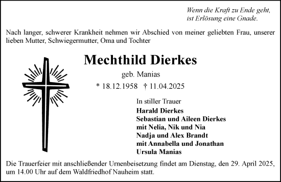 Traueranzeige von Mechthild Dierkes von Wiesbadener Kurier