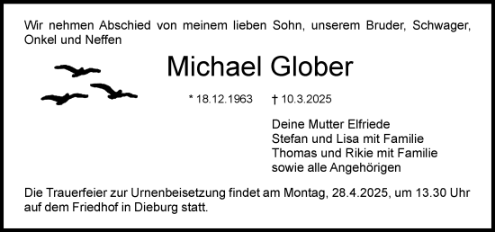 Traueranzeige von Michael Glober von Dieburger Anzeiger/Groß-Zimmerner Lokal-Anzeiger