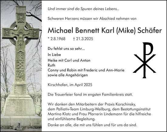 Traueranzeige von Michael Bennett Karl Schäfer von Weilburger Tageblatt