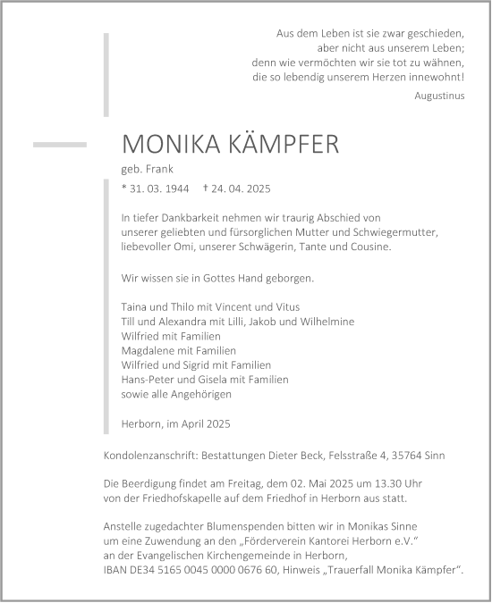 Traueranzeige von Monika Kämpfer von Dill Block