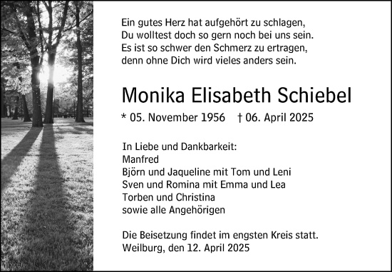 Traueranzeige von Monika Elisabeth Schiebel von Weilburger Tageblatt