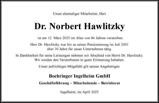 Traueranzeige von Norbert Hawlitzky von Allgemeine Zeitung Rheinhessen-Nahe