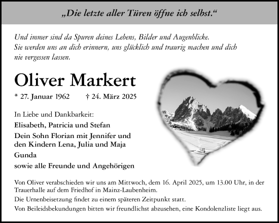 Traueranzeige von Oliver Markert von Wormser Zeitung