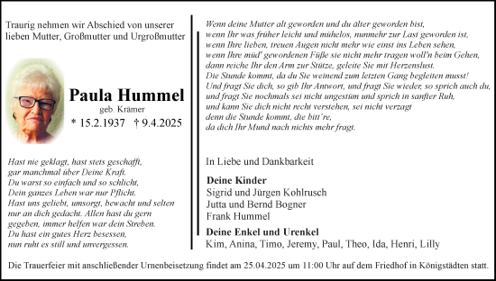 Traueranzeige von Paula Hummel von Rüsselsheimer Echo