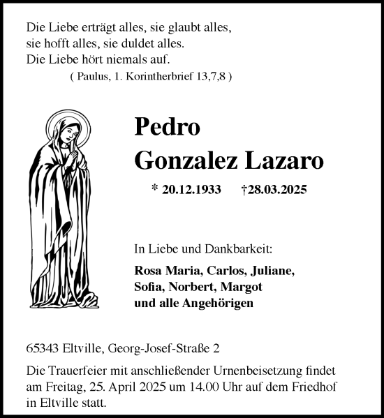 Traueranzeige von Pedro Gonzalez Lazaro von Rheingau Kurier
