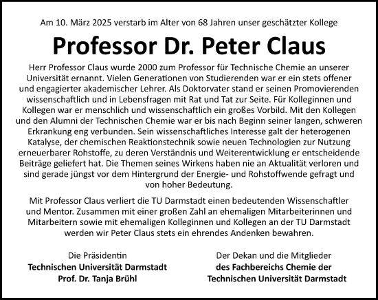 Traueranzeige von Peter Claus von Darmstädter Echo